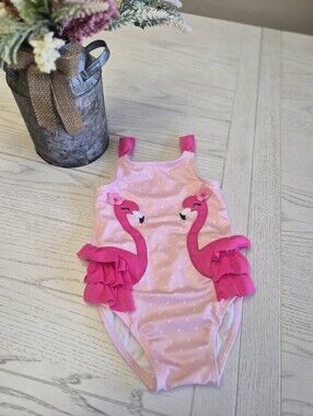 Gymboree 12-18m Baby Girl Swimsuit Pink Flamingos & Ruffles On The Back